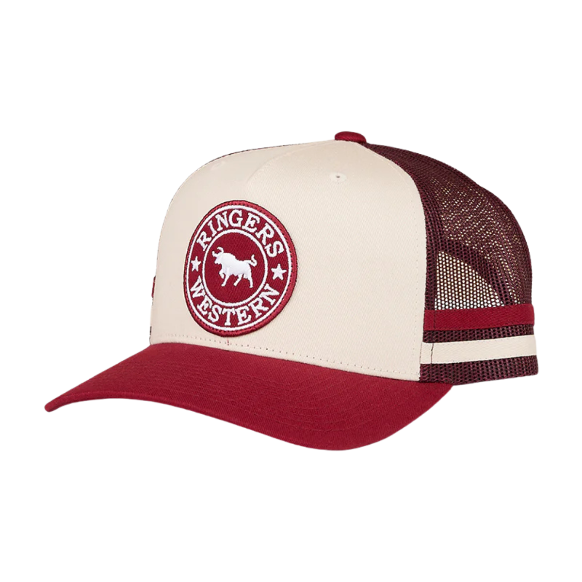 The Ringers Western Mccoy Trucker Cap (425058RW) in maroon/off white features a mesh back, circular "Ringers Western" logo with bull silhouette on the front, and an adjustable snapback for a custom fit. Unisex design.