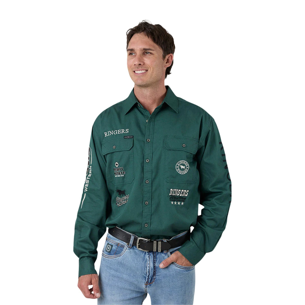 Ringers Western Mens Barrelman Full Button L/S Work Shirt (125035RW) Pine Front