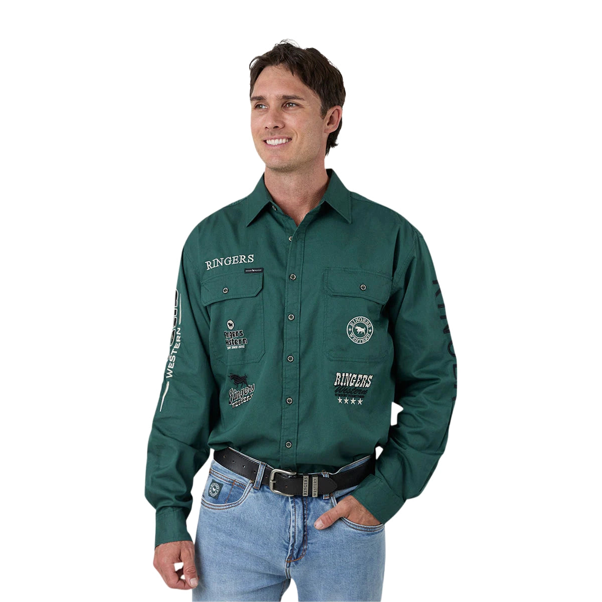Ringers Western Mens Barrelman Full Button L/S Work Shirt (125035RW) Pine Front