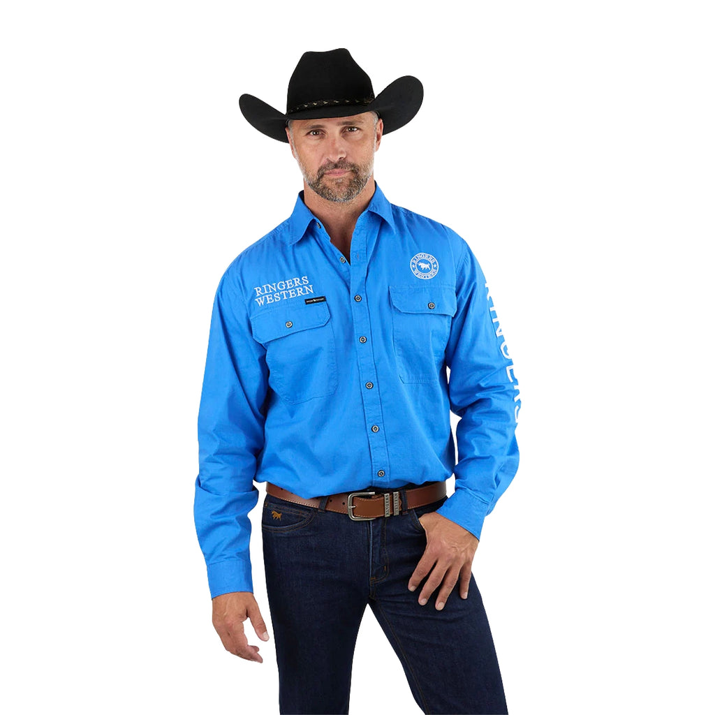 Ringers Western Mens Hawkeye Full Button Embroidered Work Shirt (118110002) Blue