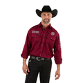 A man wearing a black cowboy hat and the Ringers Western Mens Hawkeye Full Button L/S Work Shirt (118110002) in Burgundy, featuring "Ringers Western" logos, stands smiling with one hand by his side, paired with black pants.