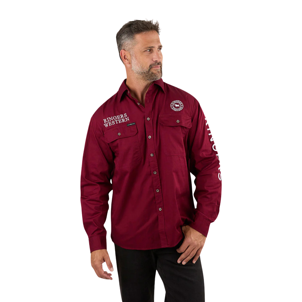 Ringers Western Mens Hawkeye Full Button L/S Work Shirt  (118110002) Burgundy