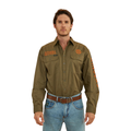 A man wears the Ringers Western Mens Hawkeye Full Button L/S Work Shirt in Military Green/Orange, featuring "Ringers Western" text on the chest and sleeve, tucked into blue jeans, standing against a white background.