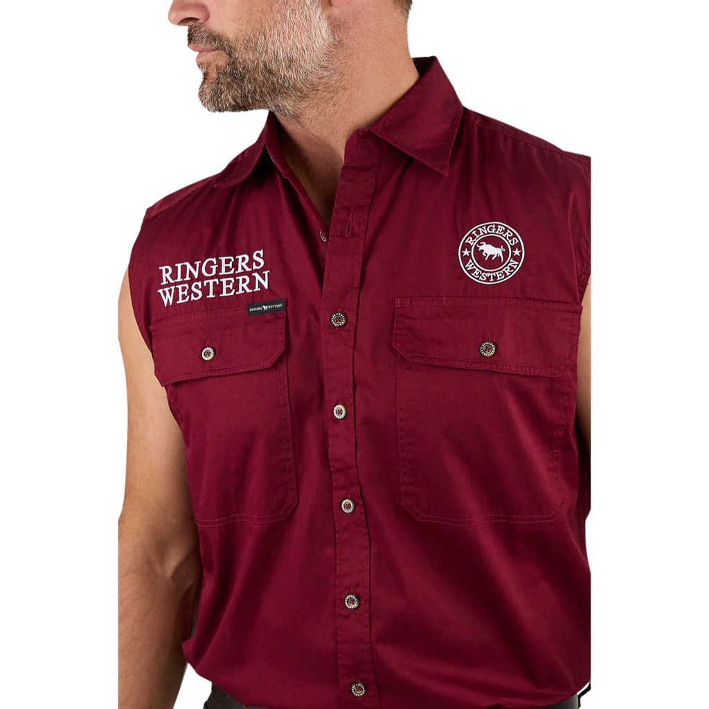 Ringers Western Mens Hawkeye Full Button Sleevless Work Shirt  (120210991) Burgundy/White Embroidery