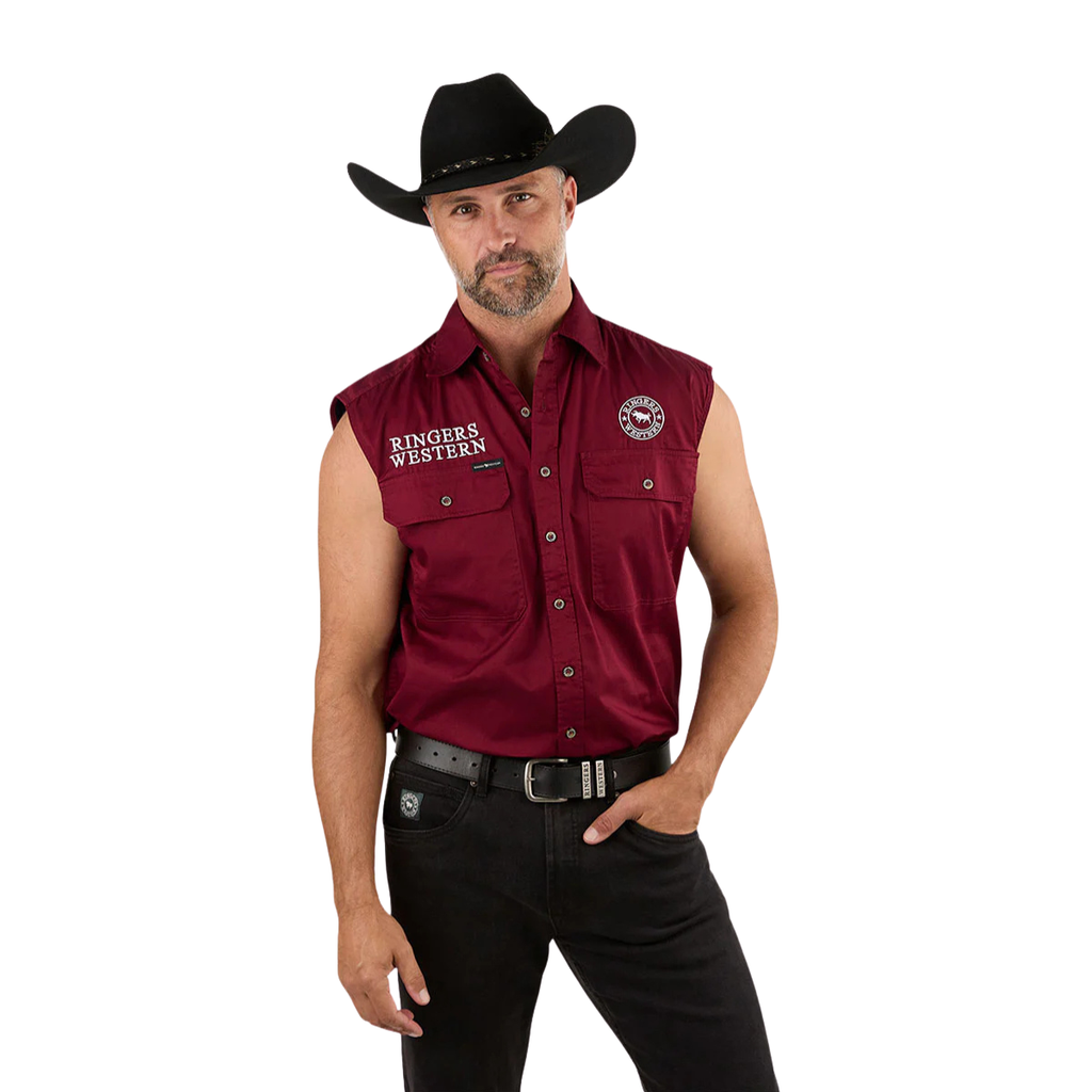 Ringers Western Mens Hawkeye Full Button Sleevless Work Shirt  (120210991) Burgundy/White Embroidery