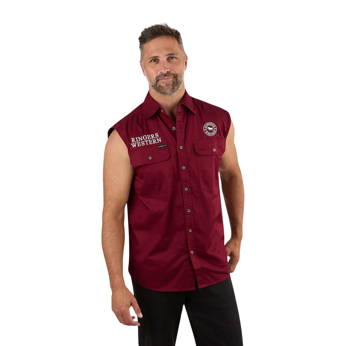 A man with short hair and a trimmed beard wears the Ringers Western Mens Hawkeye Full Button Sleeveless Work Shirt in burgundy with white embroidery. This cotton, UPF 50+ work shirt offers comfort and features the Ringers Western logo. He is smiling on a white background.