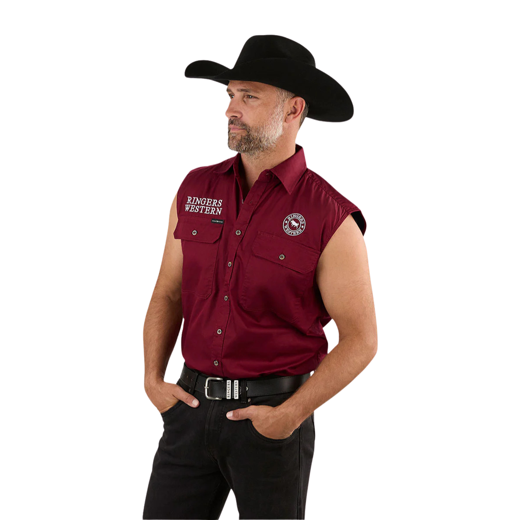 Ringers Western Mens Hawkeye Full Button Sleevless Work Shirt  (120210991) Burgundy/White Embroidery
