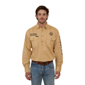 A man wearing a Ringers Western Mens Hawkeye Half Button L/S Work Shirt in Dark Sand, blue jeans, and a belt stands facing forward against a plain white background.