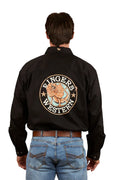 A man wears the Ringers Western Mens Hawkeye Printed Full Button L/S Work Shirt (125093RW) Black/Clay, featuring a bold "Ringers Western" logo and bull’s head on the back, paired with blue jeans. This cotton shirt offers UPF 50+ protection.