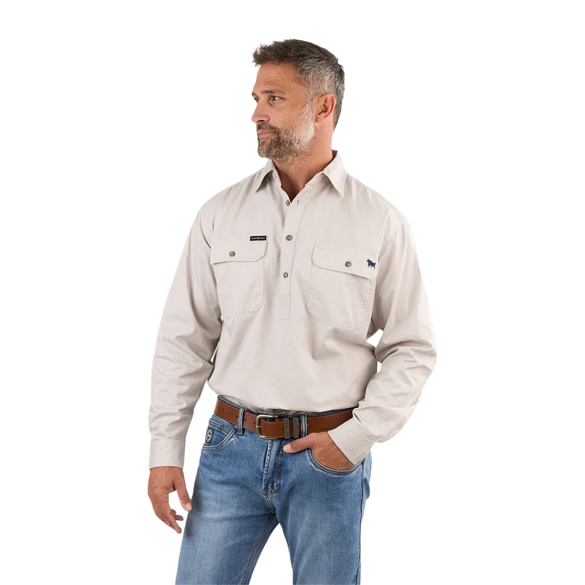 Ringers Western Mens King River Half Button L/S Work Shirt (171110002) Beige