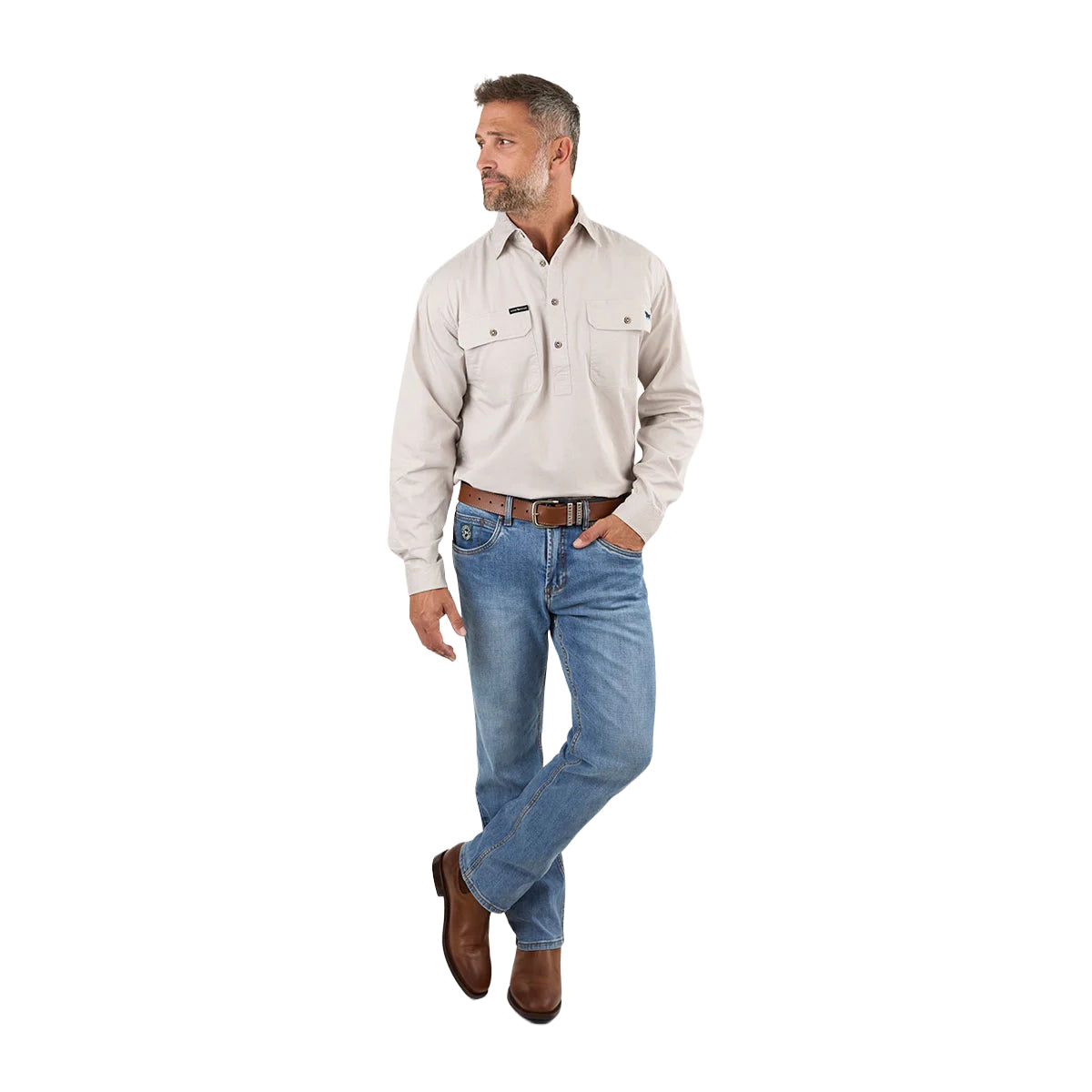 Ringers Western Mens King River Half Button L/S Work Shirt (171110002) Beige