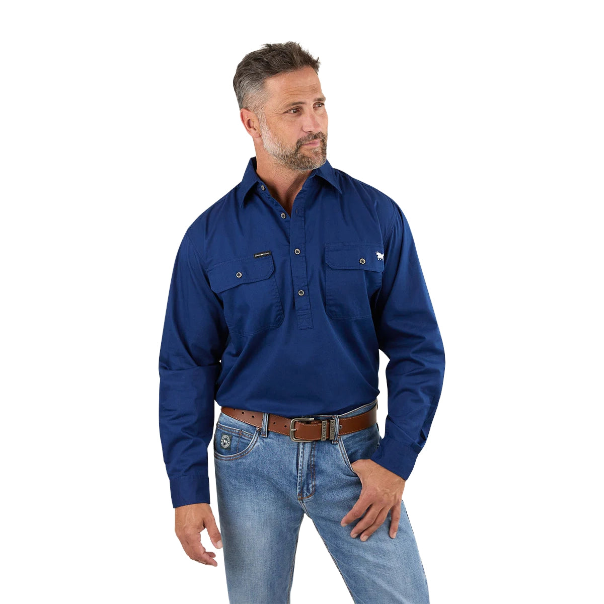 A man with short gray hair and a beard wears the Ringers Western Mens King River Half Button Work Shirt (171110002) Navy, paired with light blue jeans, standing against a plain white background.