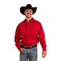 A man wearing a black cowboy hat, blue jeans, a black belt, and a Ringers Western Mens King River L/S Half Button Workshirt in red stands smiling against a plain white background.