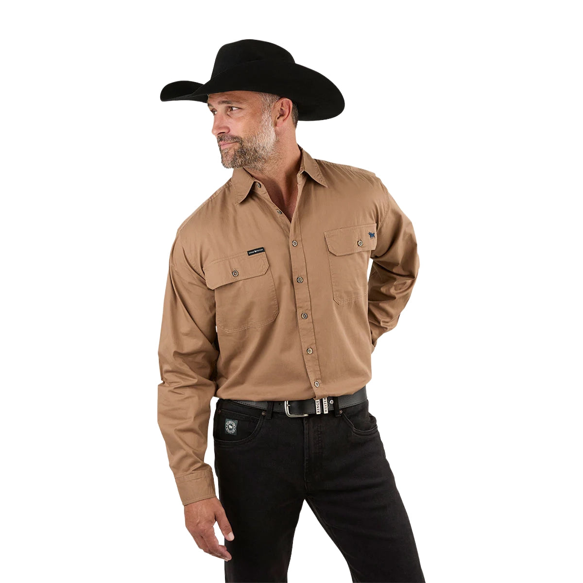 A man in a black cowboy hat, black jeans, and a Ringers Western Mens King River Full Button L/S Work Shirt (171110001) in Clay stands with one hand behind his back, looking to the side against a white background.