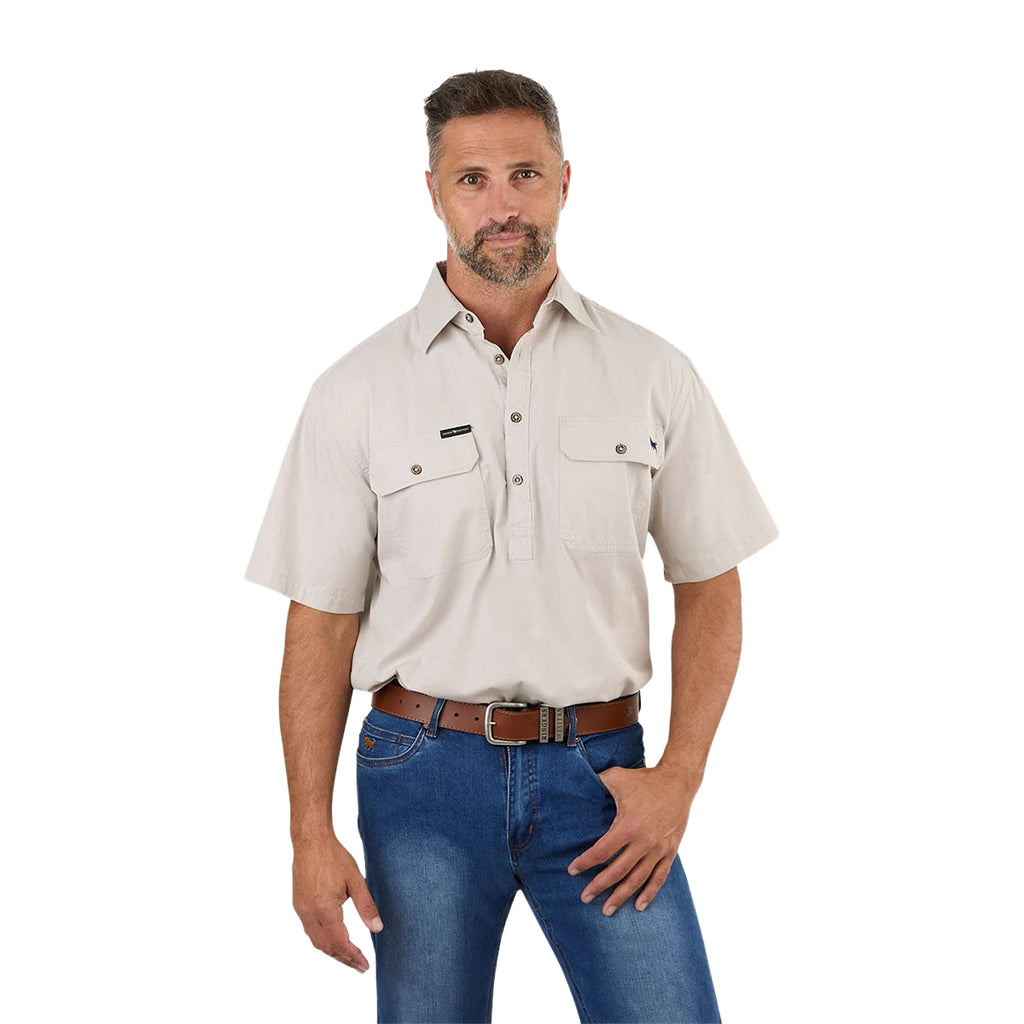 Ringers Western Mens Pack Saddle S/S Half Button Work Shirt (118110003) Beige
