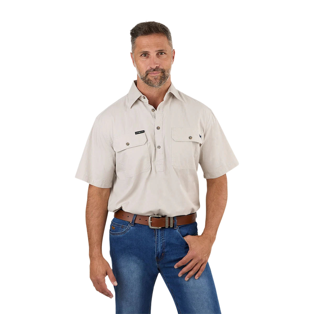Ringers Western Mens Pack Saddle S/S Half Button Work Shirt (118110003) Beige