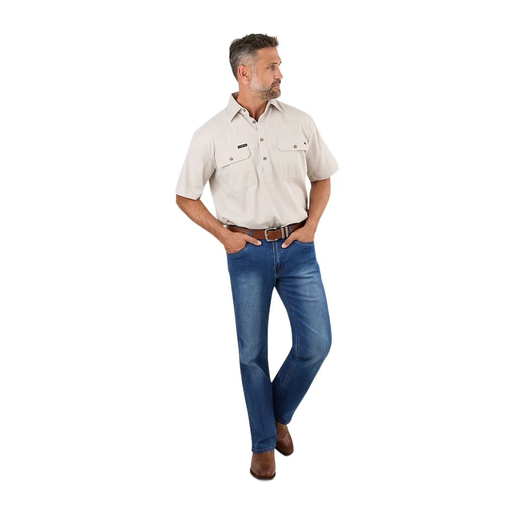 Ringers Western Mens Pack Saddle S/S Half Button Work Shirt (118110003) Beige