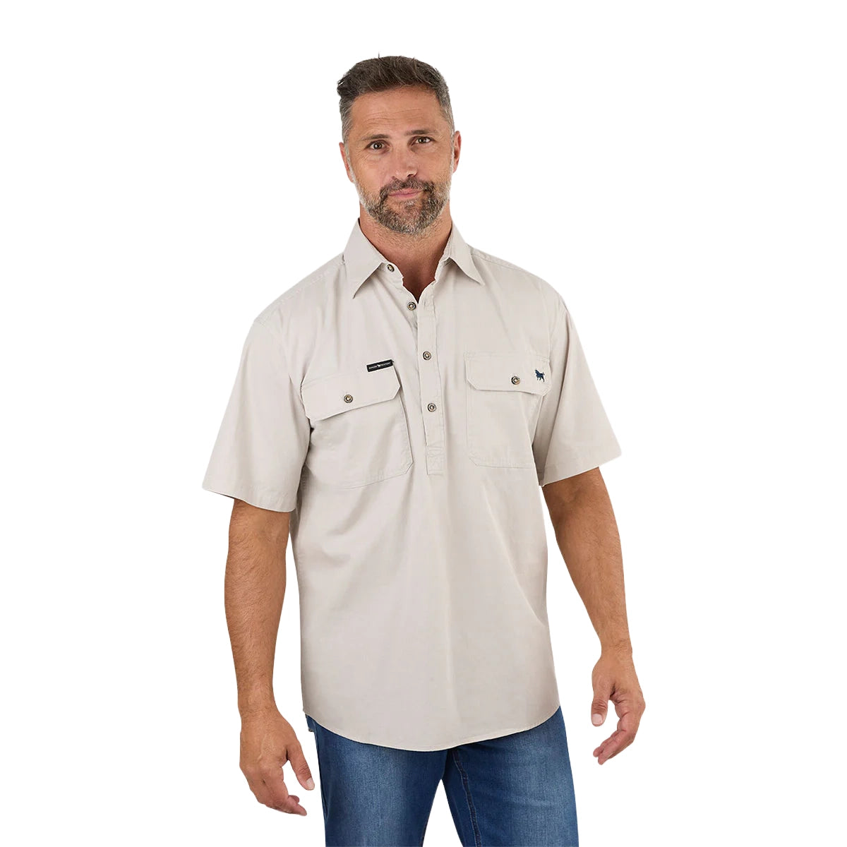 Ringers Western Mens Pack Saddle S/S Half Button Work Shirt (118110003) Beige