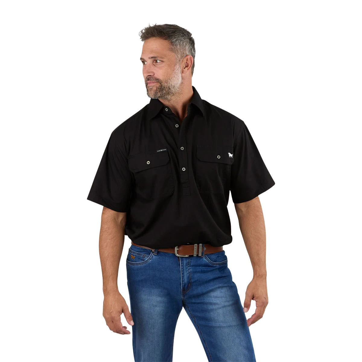 Ringers Western Mens Pack Saddle S/S Half Button Work Shirt (118110003) Black