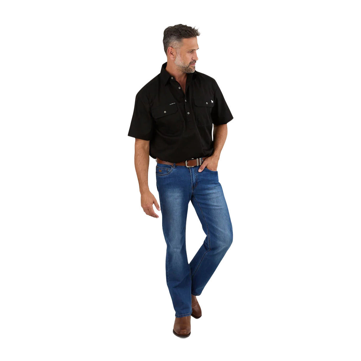 Ringers Western Mens Pack Saddle S/S Half Button Work Shirt (118110003) Black