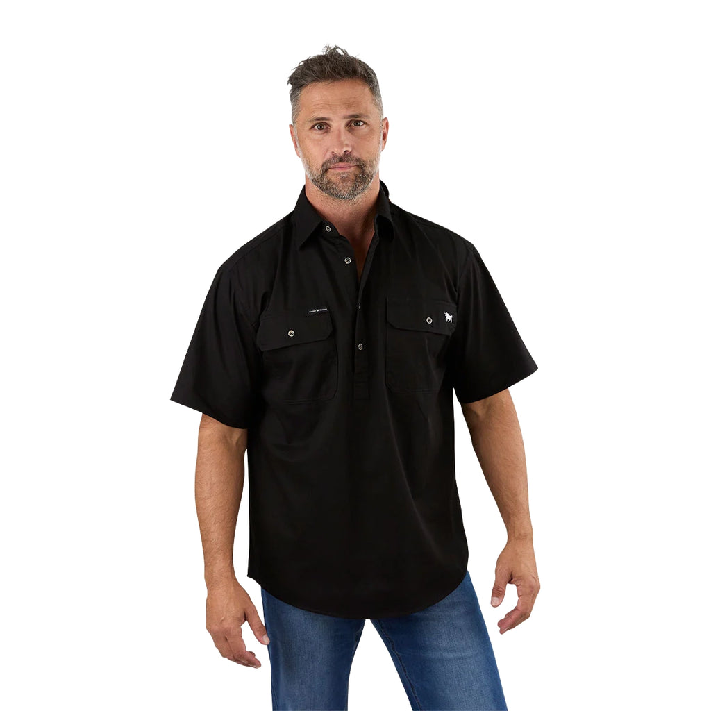 Ringers Western Mens Pack Saddle S/S Half Button Work Shirt (118110003) Black