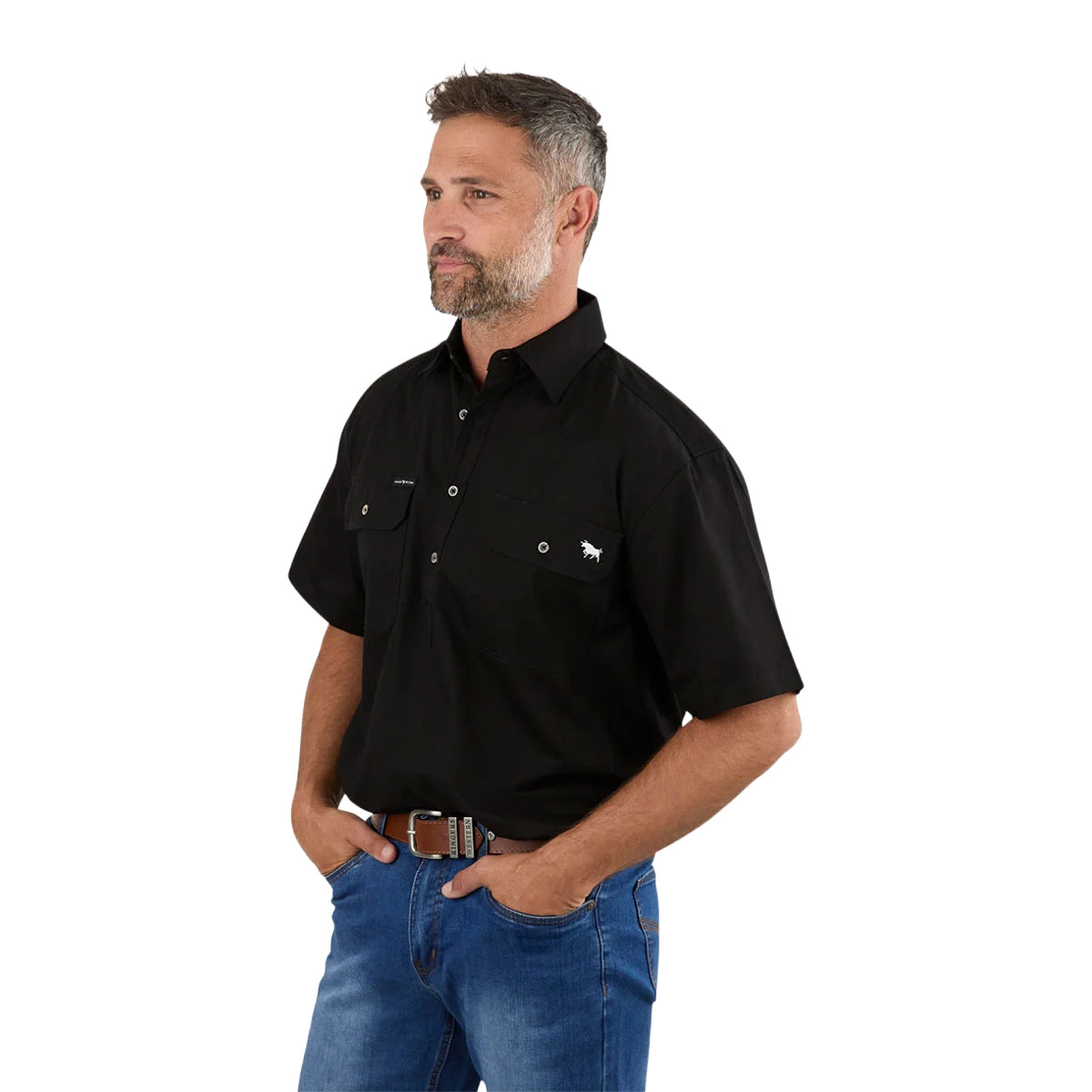 Ringers Western Mens Pack Saddle S/S Half Button Work Shirt (118110003) Black