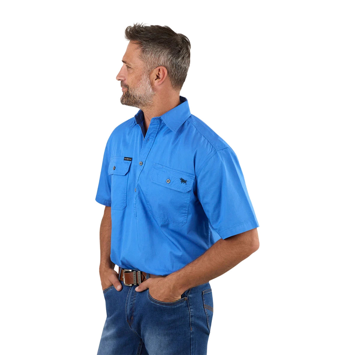 Ringers Western Mens Pack Saddle S/S Half Button Work Shirt (118110003) Blue