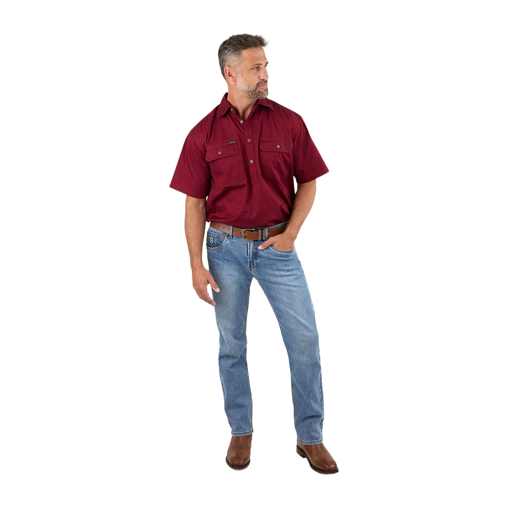 Ringers Western Mens Pack Saddle S/S Half Button Work Shirt (118110003) Burgundy