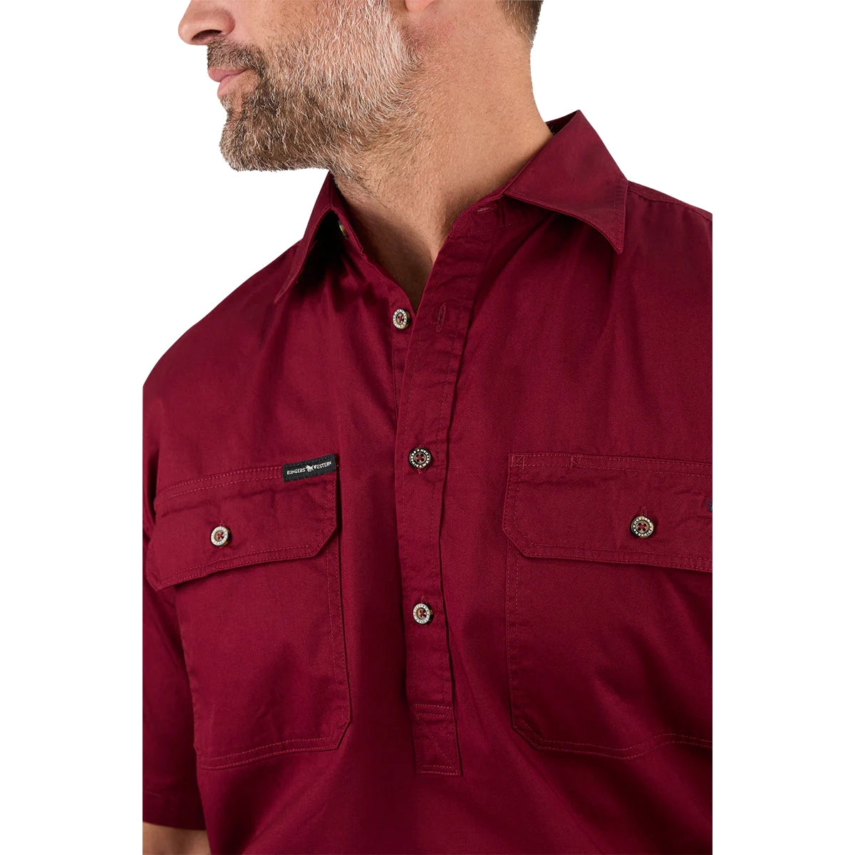 Ringers Western Mens Pack Saddle S/S Half Button Work Shirt (118110003) Burgundy
