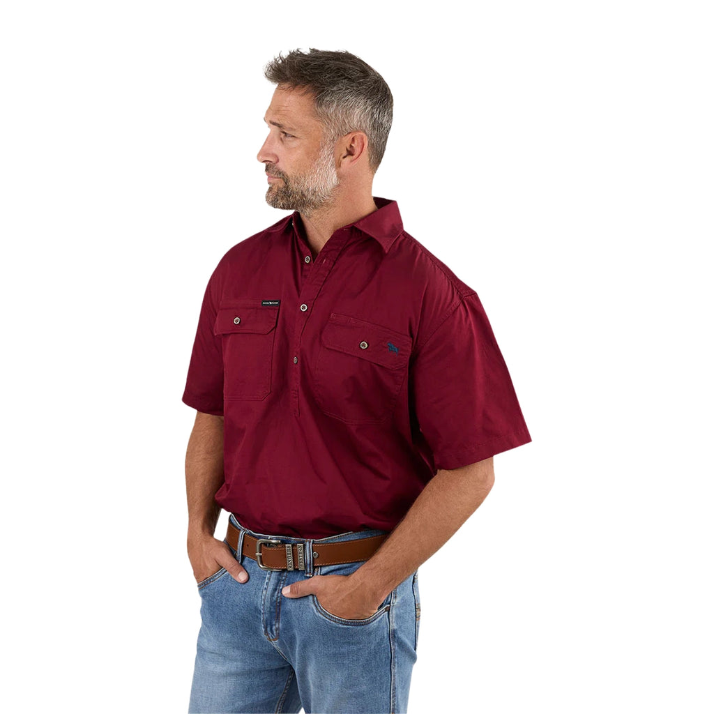Ringers Western Mens Pack Saddle S/S Half Button Work Shirt (118110003) Burgundy