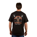A man wears the Ringers Western Men's Ringers Buck Loose Fit S/S Tee in black, featuring an illustrated deer head and antlers on the back with “Ringers Big Buck” and “Ringers Western” text in orange and white.