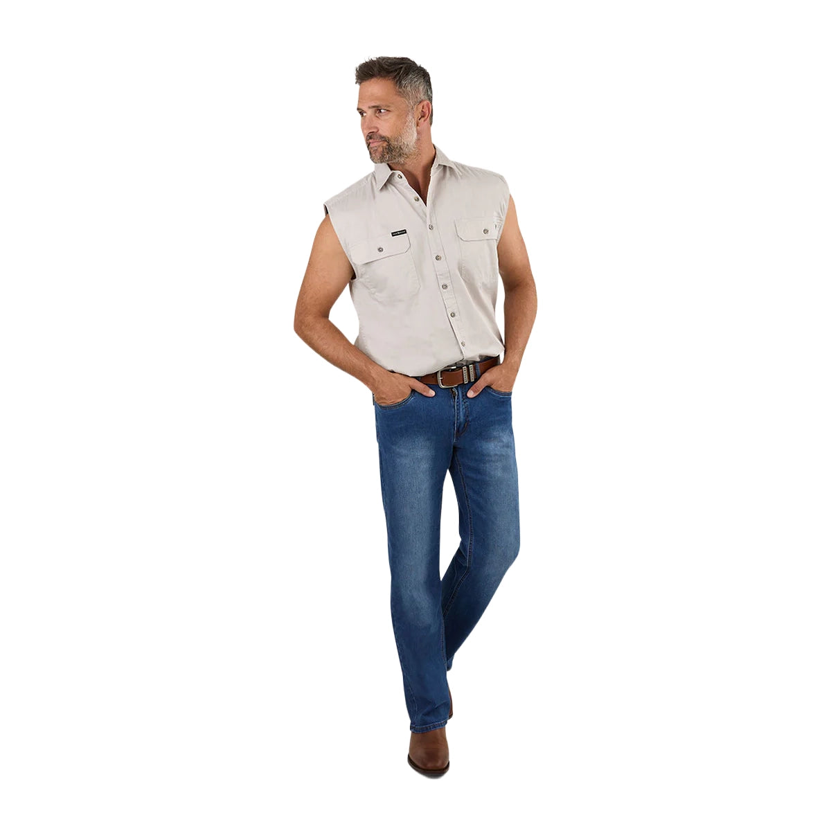 Ringers Western Mens Rob Roy Sleeveless Full Button Work Shirt (118110001) Beige