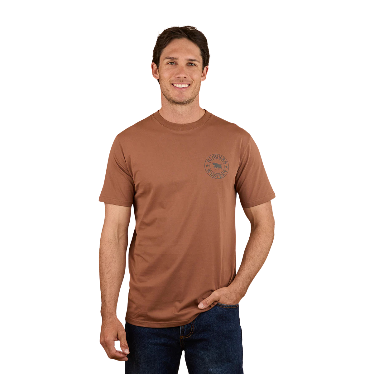 Ringers Western Mens Signature Bull Classic S/S Tee (120004RW) Saddle Brown/Charcoal