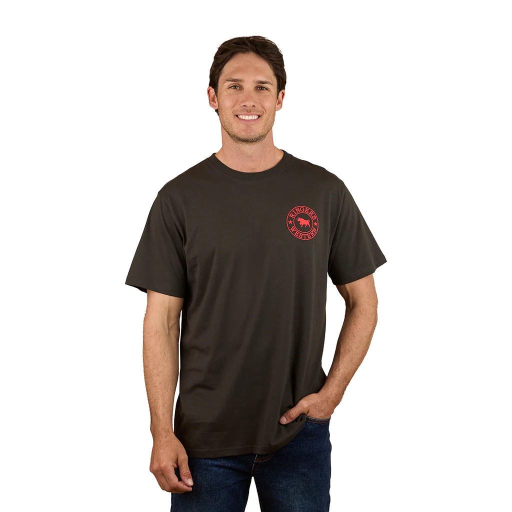Ringers Western Mens Signature Bull Loose Fit S/S Tee (120201560) Charcoal/Red