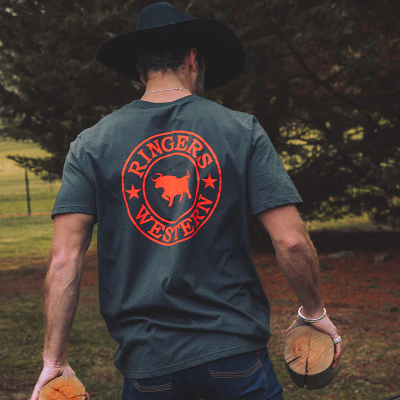 Ringers Western Mens Signature Bull Loose Fit S/S Tee (120201560) Charcoal/Red