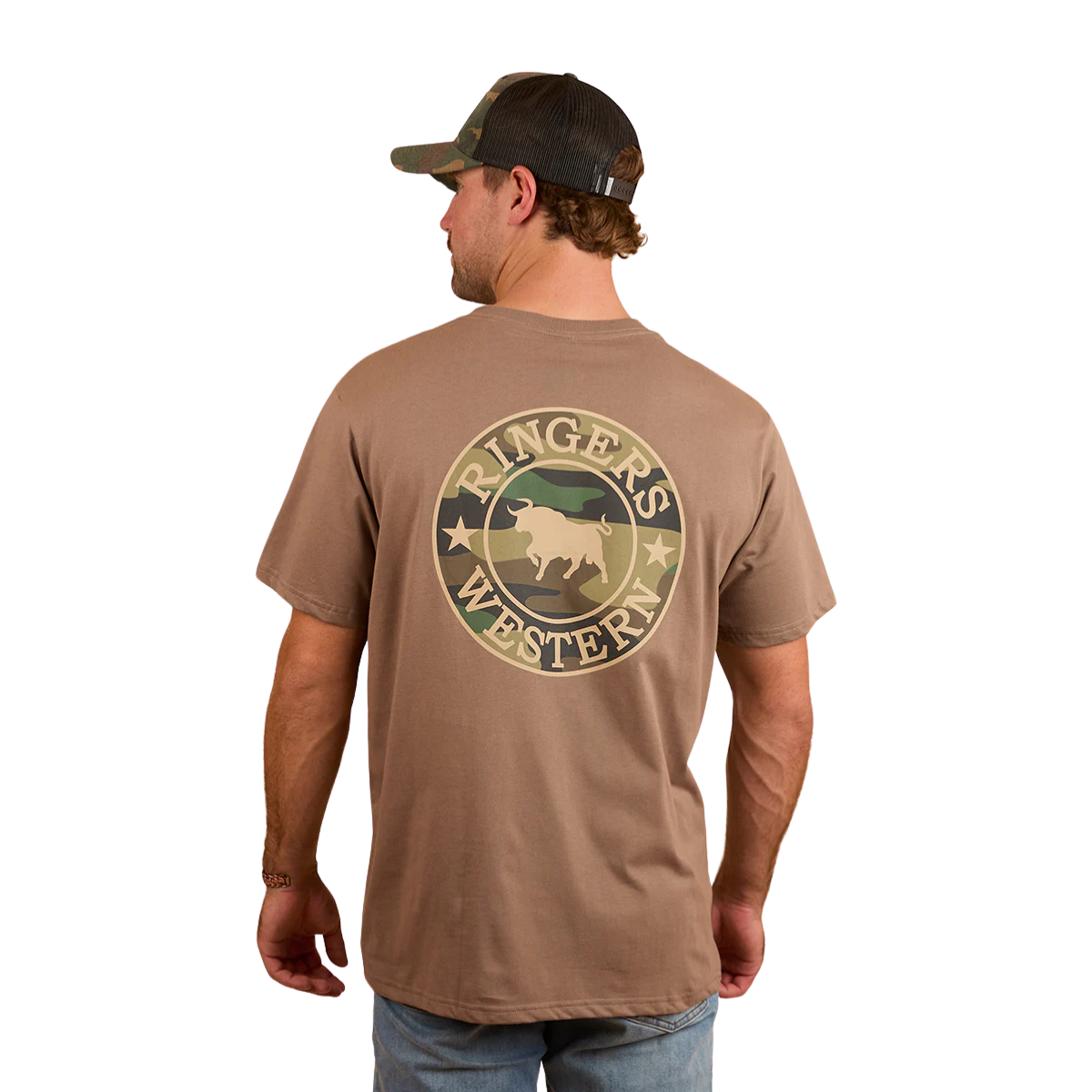 A man wearing a mushroom Ringers Western Mens Signature Bull Loose Fit SS Tee (120201560) with camo Ringers Western back print on a white background.