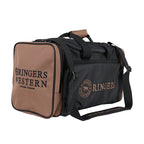 A black and brown Ringers Western Rider Go Sports Bag (625130RW) duffel bag with 'RINGERS WESTERN' printed on the front and side, with zippered compartments on the front and ends, top handles and a shoulder strap, shown on a white background.