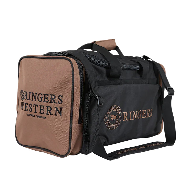 A black and brown Ringers Western Rider Go Sports Bag (625130RW) duffel bag with 'RINGERS WESTERN' printed on the front and side, with zippered compartments on the front and ends, top handles and a shoulder strap, shown on a white background.