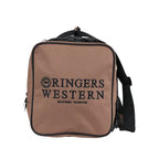 An end view of a black and brown Ringers Western Rider Go Sports Bag (625130RW) duffel bag with 'RINGERS WESTERN' logo, zippered compartments, top handles and a shoulder strap, shown on a white background.