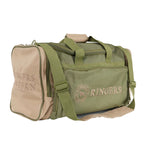 An olive and sand Ringers Western Rider Go Sports Bag (625130RW) canvas duffel bag with tan side pockets and matching tan embroidered branding that reads 'Ringers' on a white studio background.