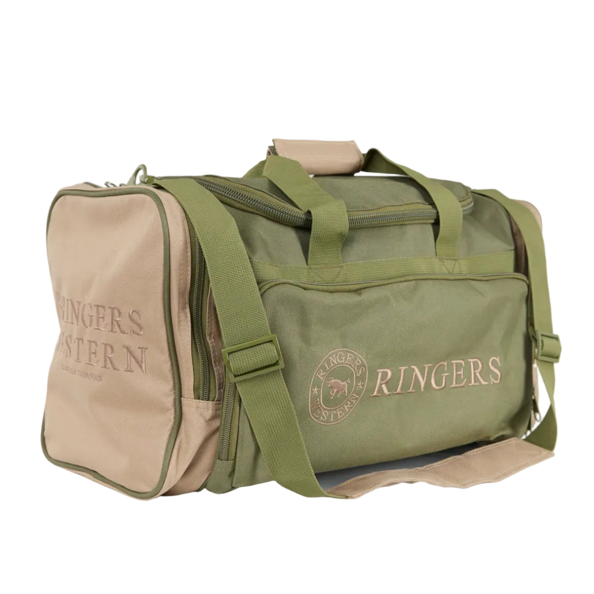 An olive and sand Ringers Western Rider Go Sports Bag (625130RW) canvas duffel bag with tan side pockets and matching tan embroidered branding that reads 'Ringers' on a white studio background.