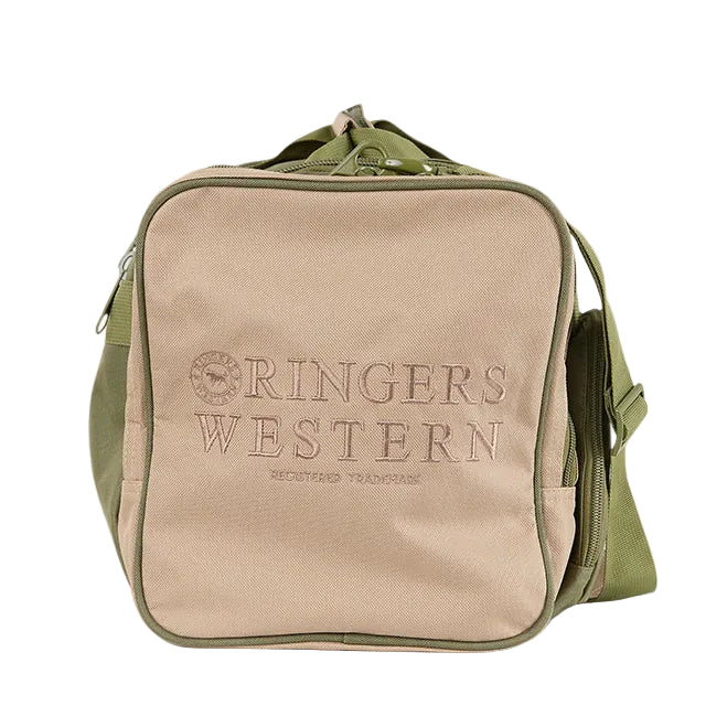 An end view of an olive and sand Ringers Western Rider Go Sports Bag (625130RW) canvas duffel bag with tan side pockets and matching tan embroidered branding that reads 'Ringers' on a white studio background.