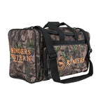 A camouflage realtree Ringers Western Rider Go Sports Bag (625130RW) duffel bag with black straps and handles, featuring 'Ringers Western' printed in orange on the front and side, set against a plain white background.