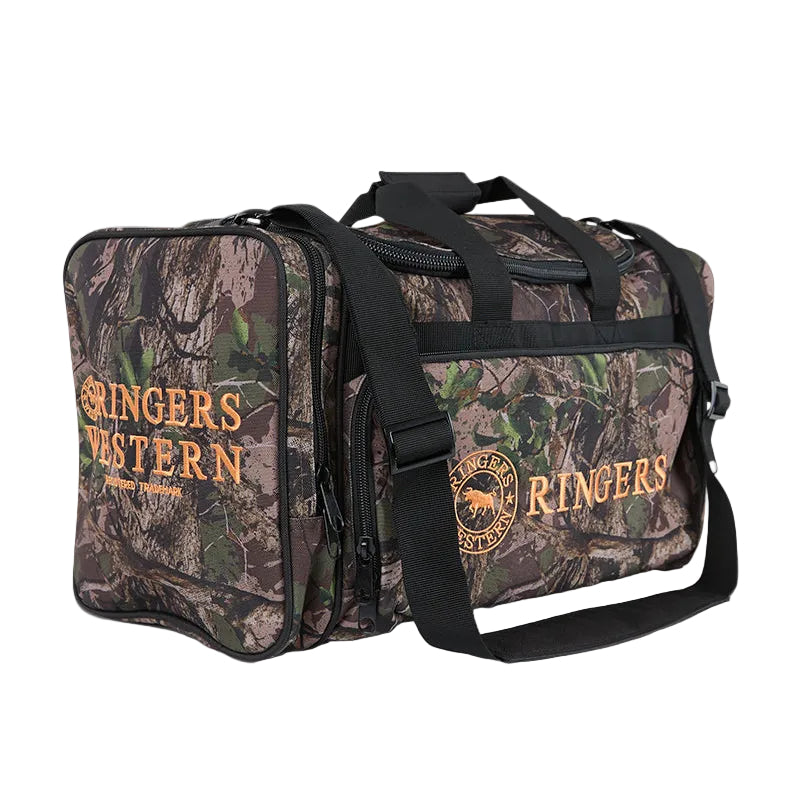 A camouflage realtree Ringers Western Rider Go Sports Bag (625130RW) duffel bag with black straps and handles, featuring 'Ringers Western' printed in orange on the front and side, set against a plain white background.