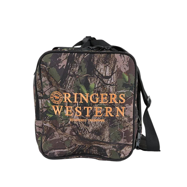 An end view of a camouflage realtree Ringers Western Rider Go Sports Bag (625130RW) duffel bag with black straps and handles, featuring 'Ringers Western' printed in orange, set against a plain white background.