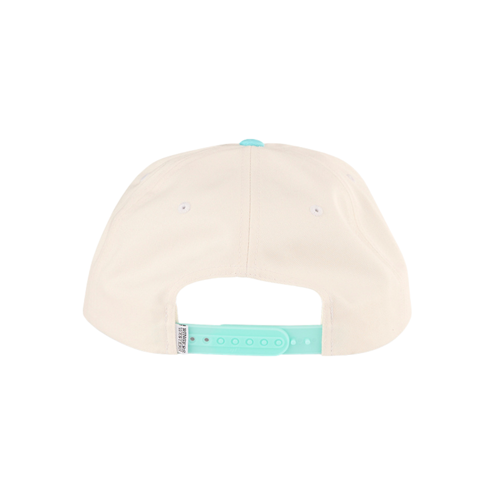 Back view of a structured baseball cap in off-white with a light turquoise snapback strap and matching top button, shown on a plain white background.
