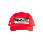A red baseball cap featuring a rectangular embroidered patch on the front that reads 'Ringers Western Road House' and a small white embroidered logo on the side, shown against a plain white background.