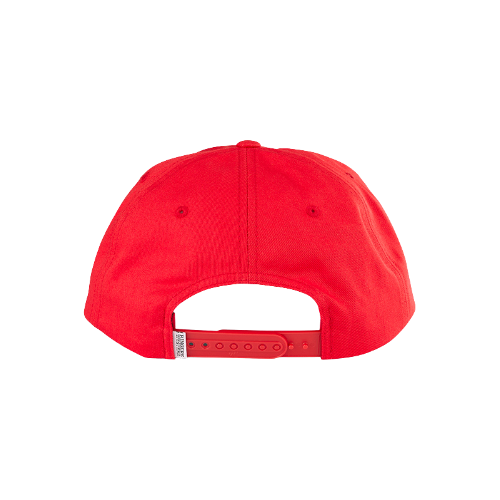 A bright red baseball cap viewed from the back, featuring a curved snapback closure with a small white brand tag on the left side, set against a plain white background.