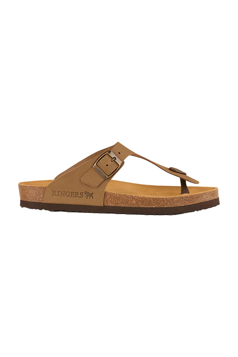 The Ringers Western Unisex Bondi Leather Cork Thongs (425092RW) in Tobacco feature a brown nubuck leather upper, natural cork footbed, adjustable buckle strap, flat heel, minimalist design, and signature "RINGERS" logo on the side.