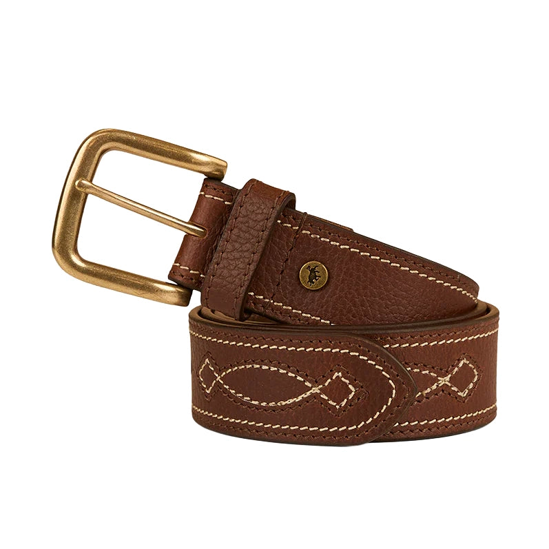 The Ringers Western Unisex Crossover Belt (425013RW) in brown/gold features genuine leather, decorative stitching, and a brass buckle—a classic accessory for any western belt collection.
